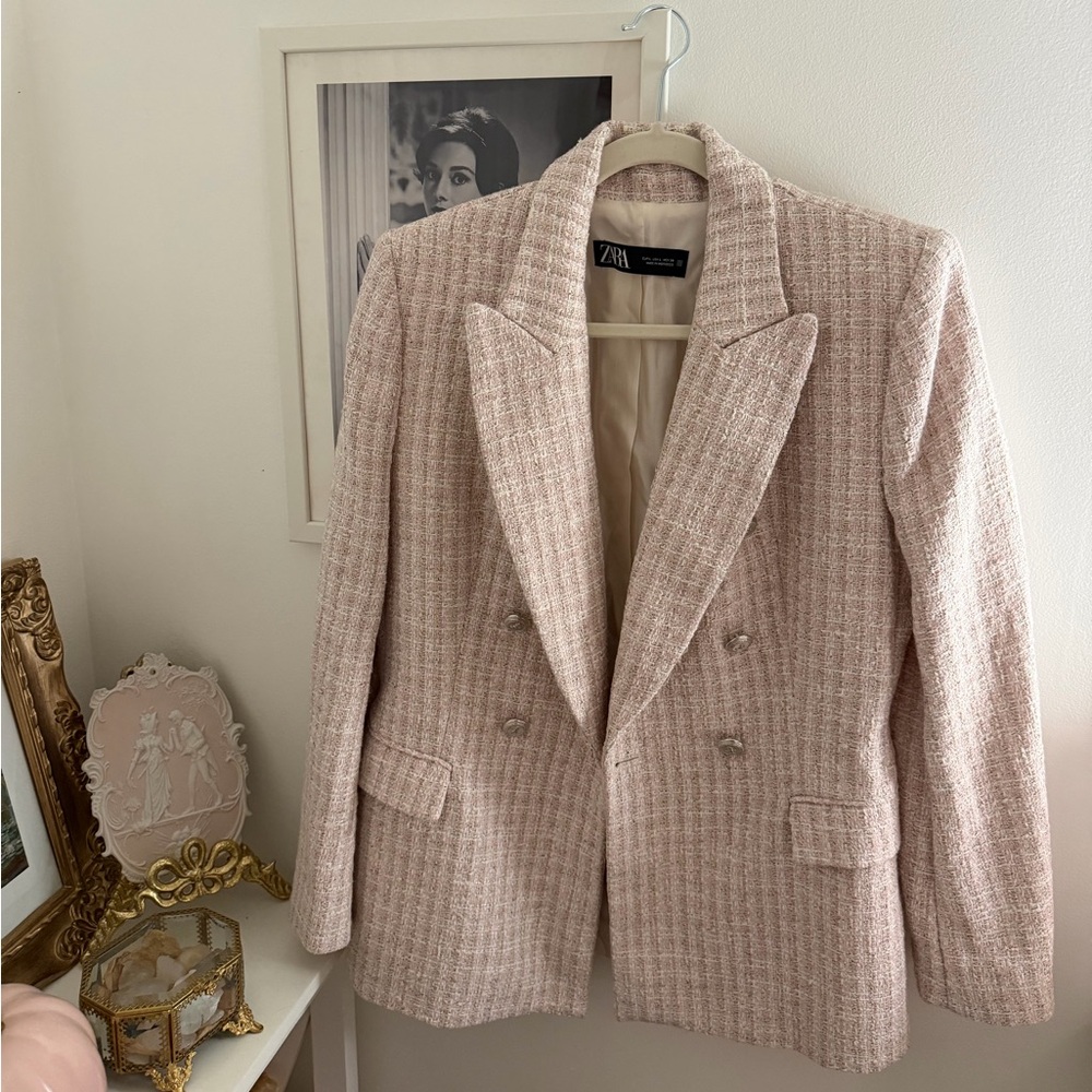Zara Double Breasted Tweed Pink Blazer